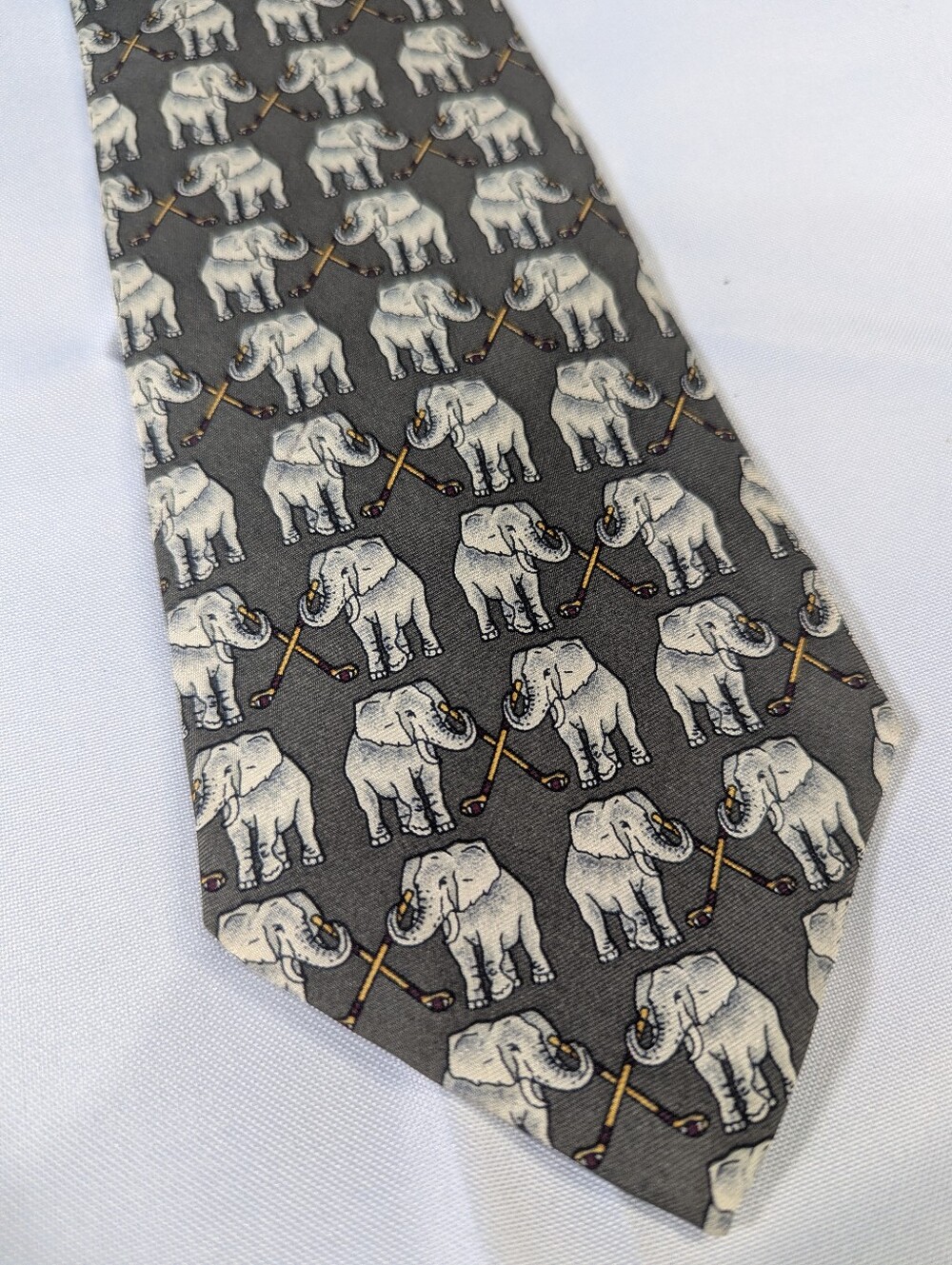 Brooks Brothers Gray Silk Tie with Ivory Elephant Golf Motif